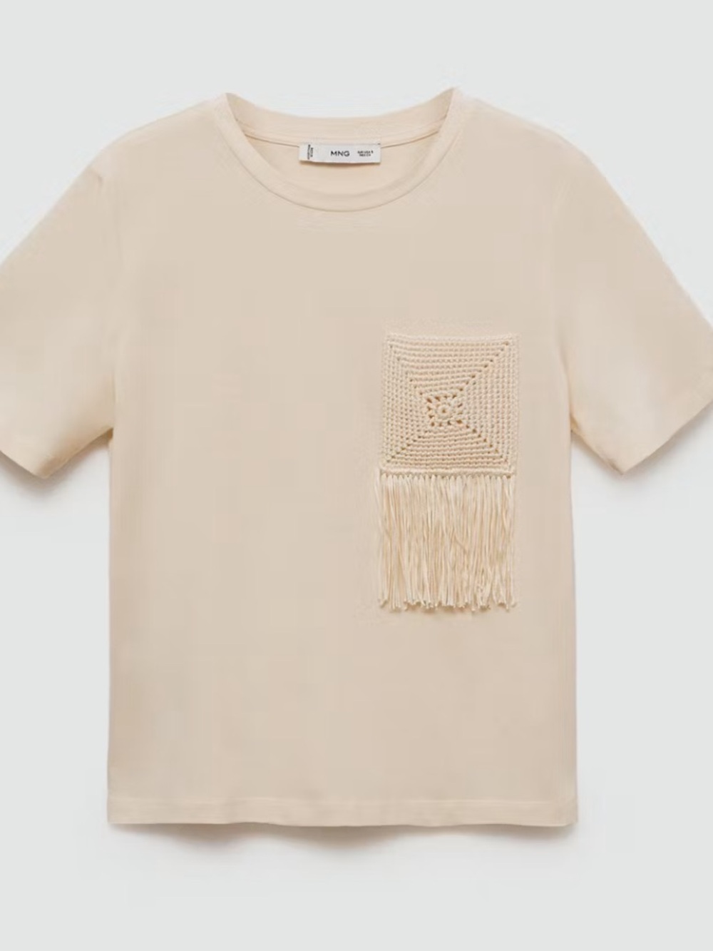 Cream Pocket Crochet Fringe Tee